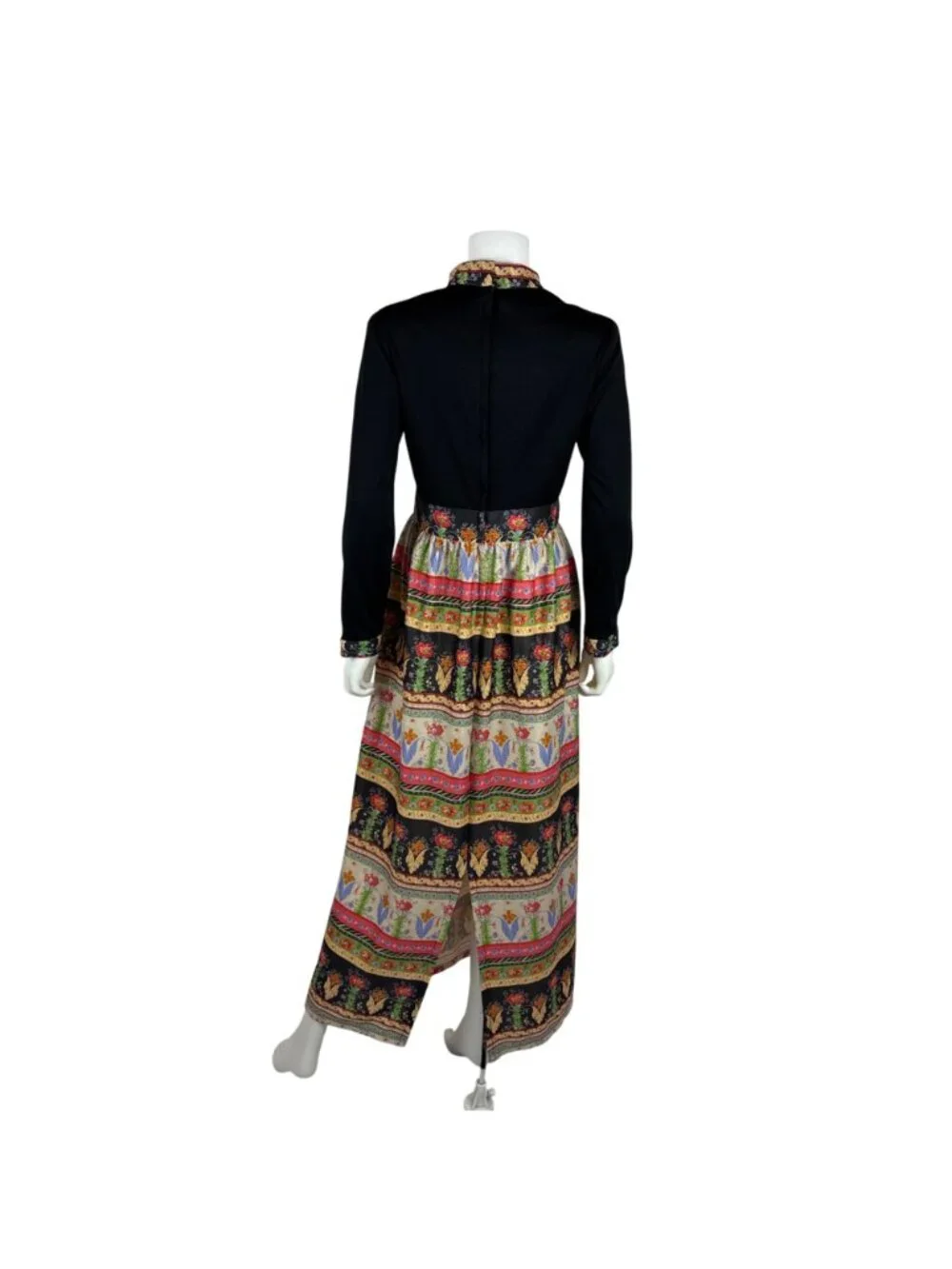 Vintage 70s Dark Floral Dress Womens Small Multi Colored Keyhole Neckline Long S - Picture 10 of 12